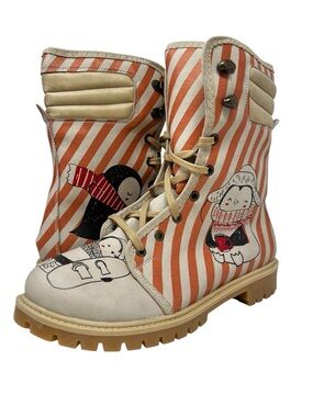 Goby Striped Orange & Cream Lace-Up Combat Boots with Playful Penguin Art